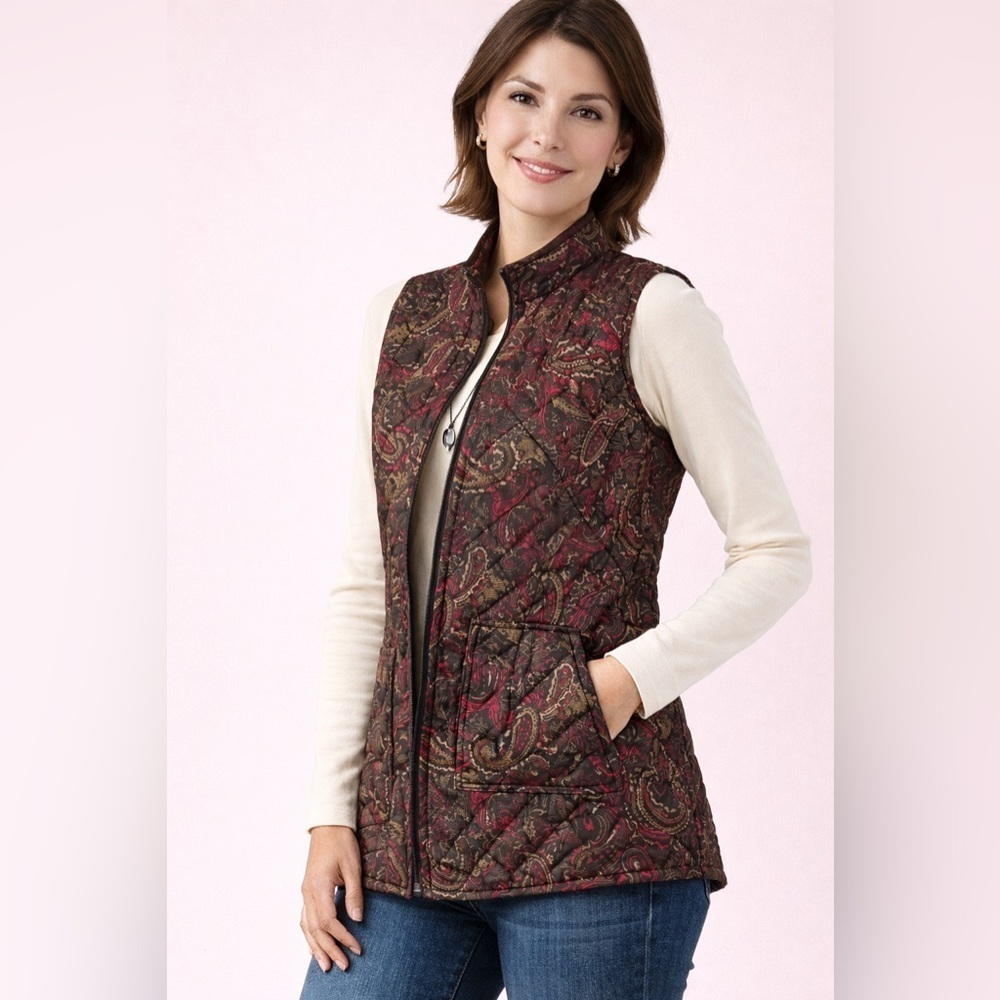 J. Jill Vest Jacket Womens Large Petite Heritage Quilted Brown Paisley